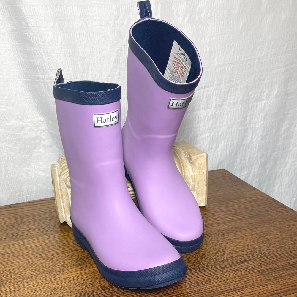 Hatley Girls Lavender Purple Navy Blue Rubber Rain Boots Size US 2 Waterproof